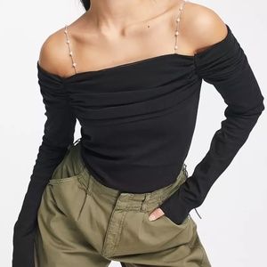Urban Revivo ruched long sleeve off-the-shoulder top in black